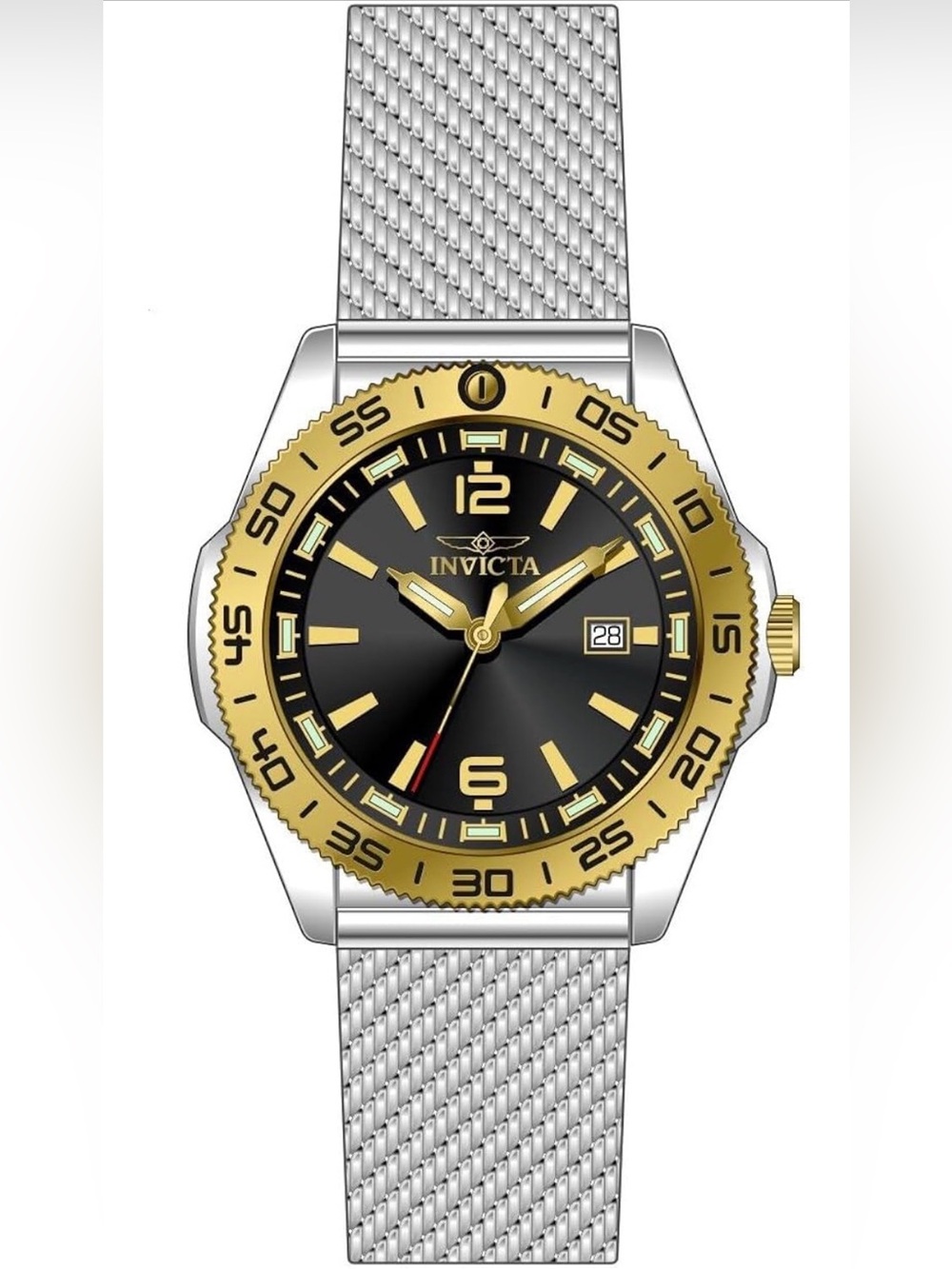 0123: Invicta Men's Black Dial Watch with Gold Bezel and Silver Mesh Band - Picture 3 of 8